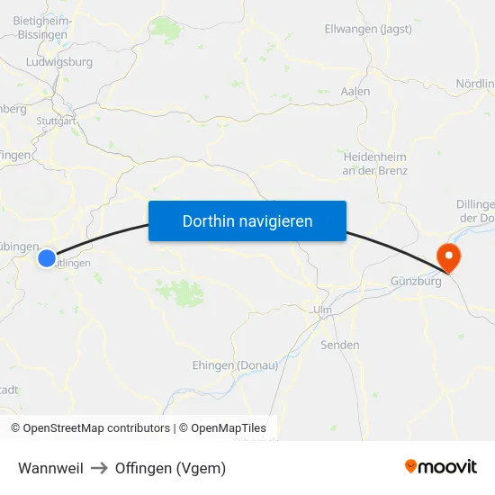 Wannweil to Offingen (Vgem) map