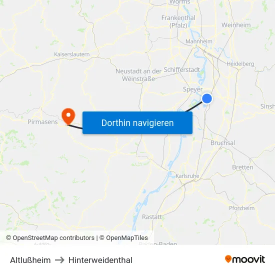 Altlußheim to Hinterweidenthal map