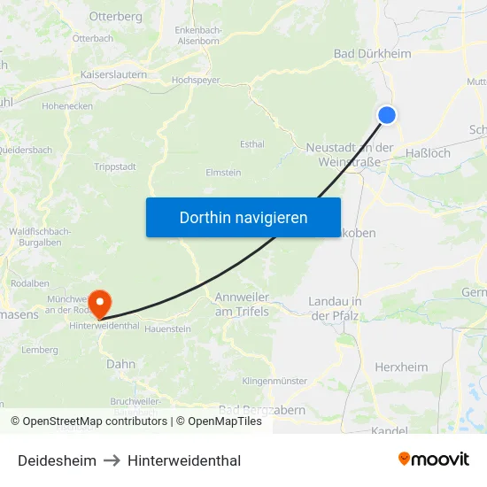 Deidesheim to Hinterweidenthal map