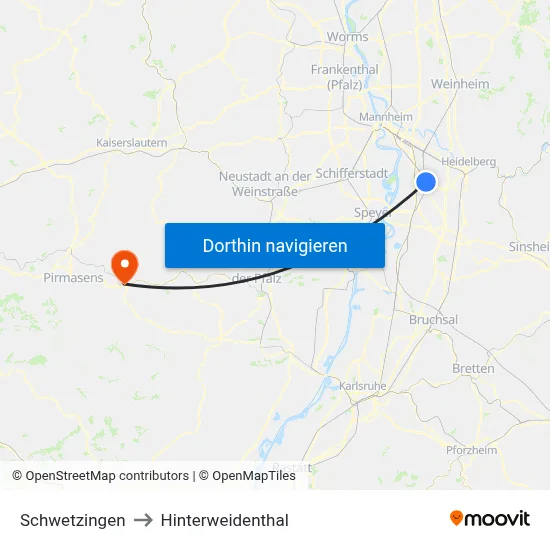 Schwetzingen to Hinterweidenthal map