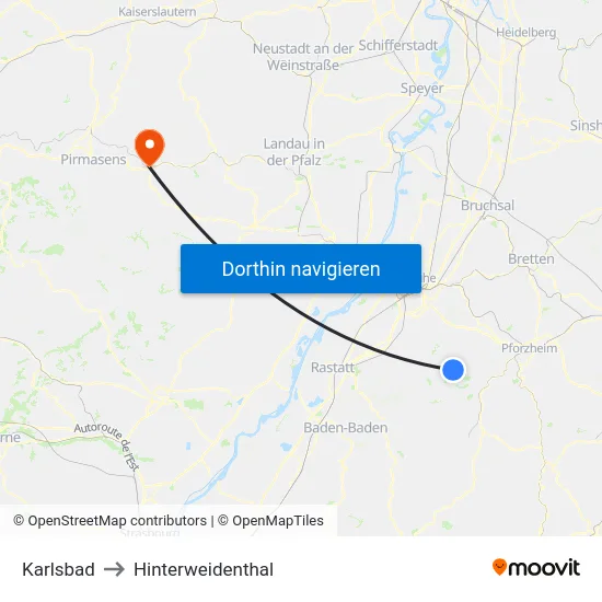 Karlsbad to Hinterweidenthal map