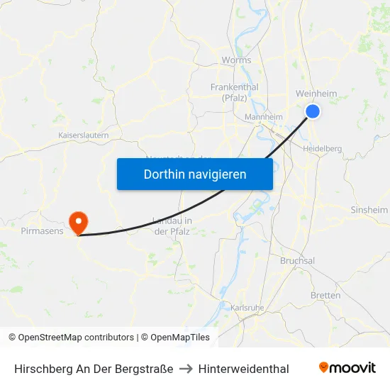 Hirschberg An Der Bergstraße to Hinterweidenthal map
