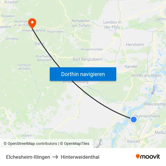 Elchesheim-Illingen to Hinterweidenthal map