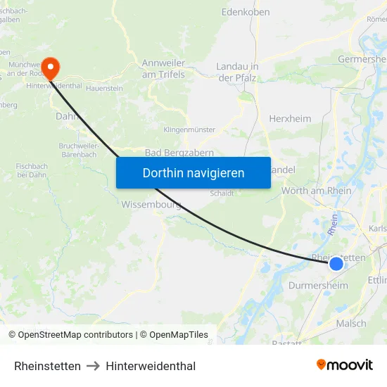 Rheinstetten to Hinterweidenthal map