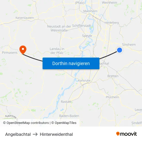 Angelbachtal to Hinterweidenthal map