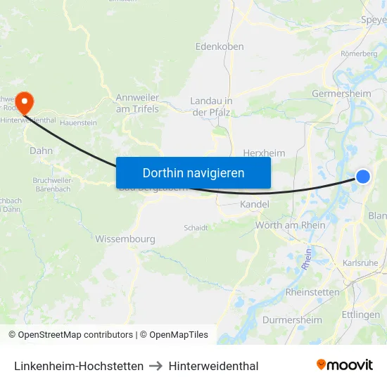 Linkenheim-Hochstetten to Hinterweidenthal map