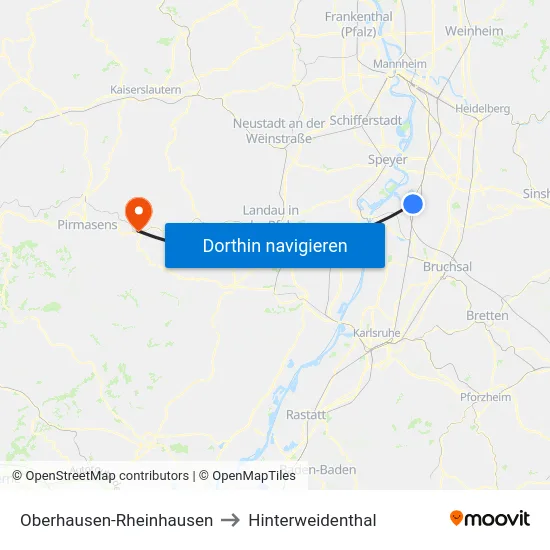 Oberhausen-Rheinhausen to Hinterweidenthal map