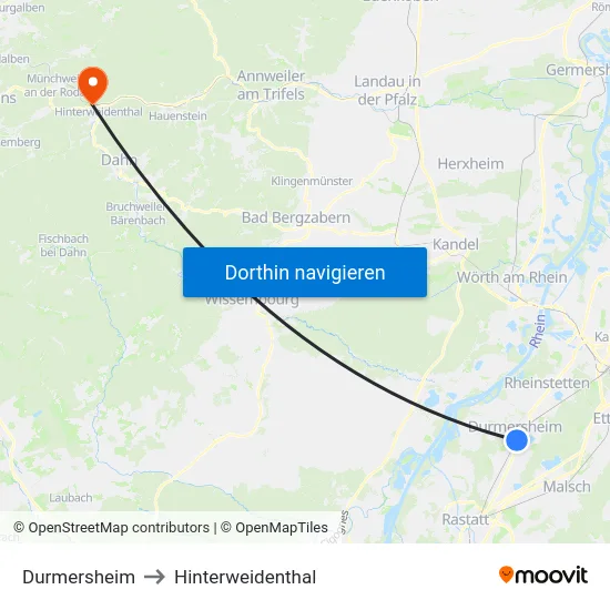 Durmersheim to Hinterweidenthal map