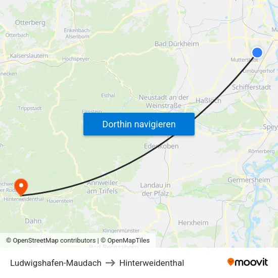 Ludwigshafen-Maudach to Hinterweidenthal map