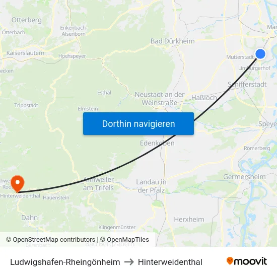 Ludwigshafen-Rheingönheim to Hinterweidenthal map