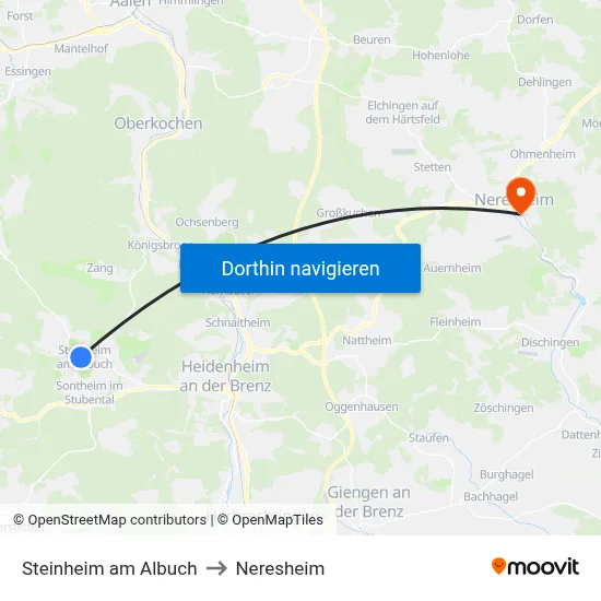 Steinheim am Albuch to Neresheim map