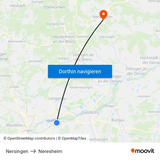 Nersingen to Neresheim map