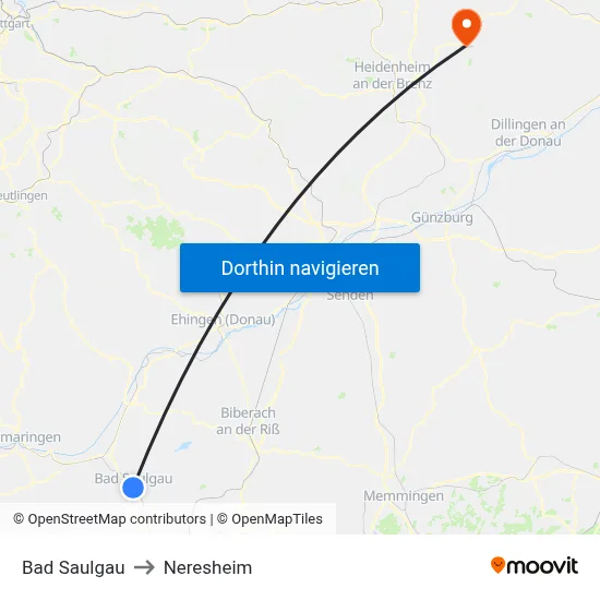 Bad Saulgau to Neresheim map