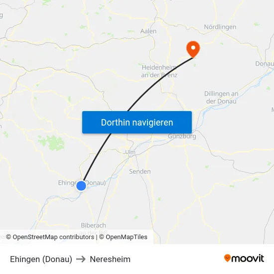 Ehingen (Donau) to Neresheim map