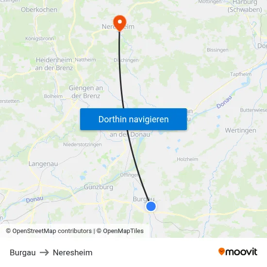 Burgau to Neresheim map