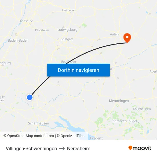 Villingen-Schwenningen to Neresheim map