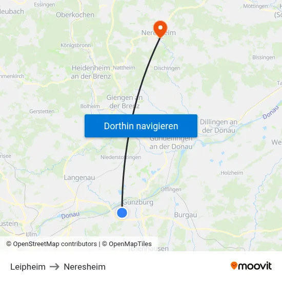 Leipheim to Neresheim map
