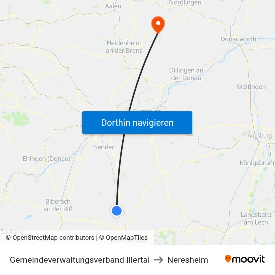 Gemeindeverwaltungsverband Illertal to Neresheim map