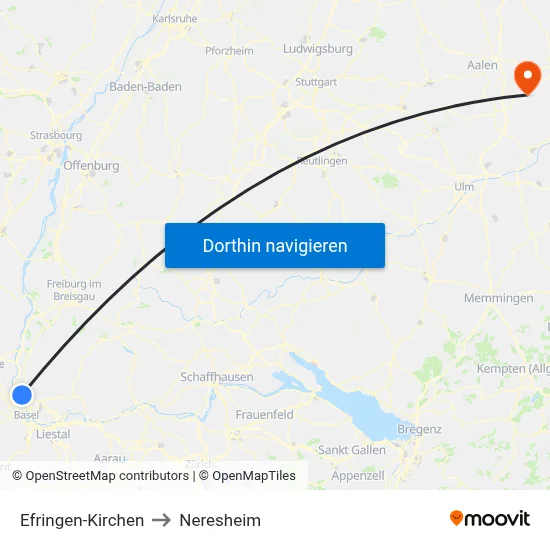 Efringen-Kirchen to Neresheim map