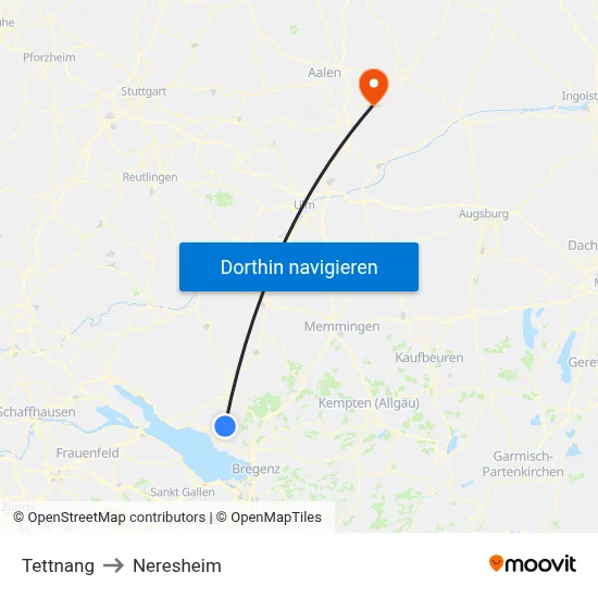Tettnang to Neresheim map
