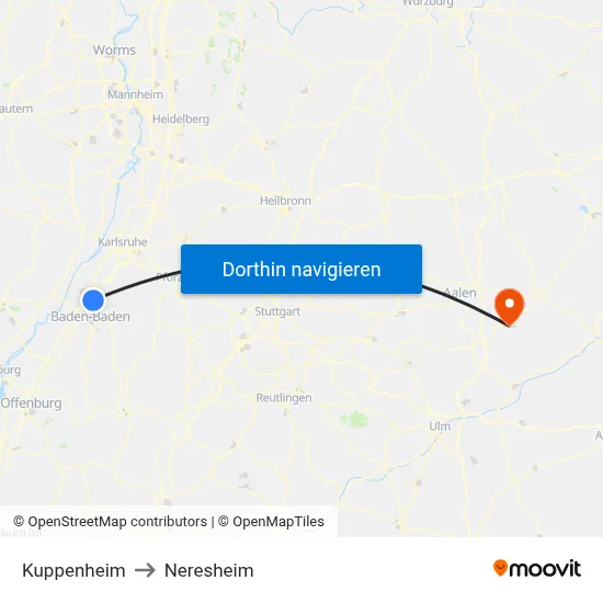 Kuppenheim to Neresheim map