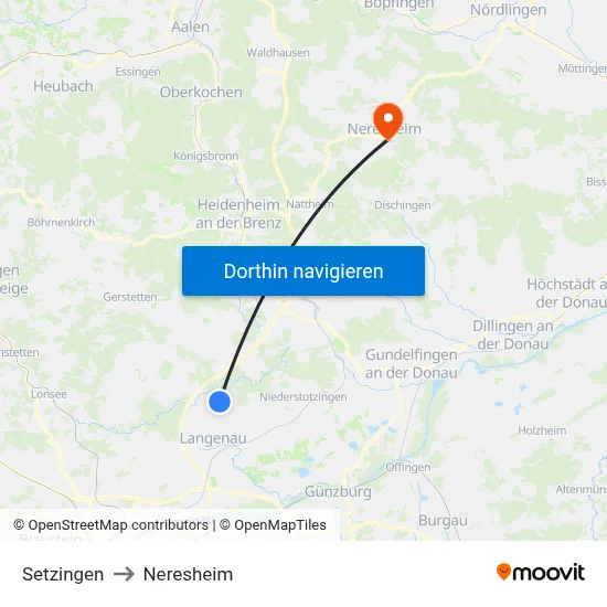 Setzingen to Neresheim map