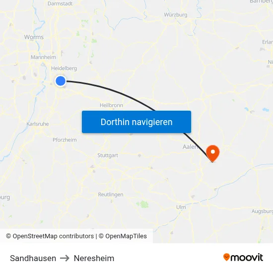Sandhausen to Neresheim map