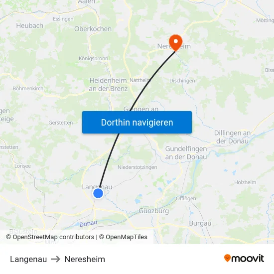Langenau to Neresheim map