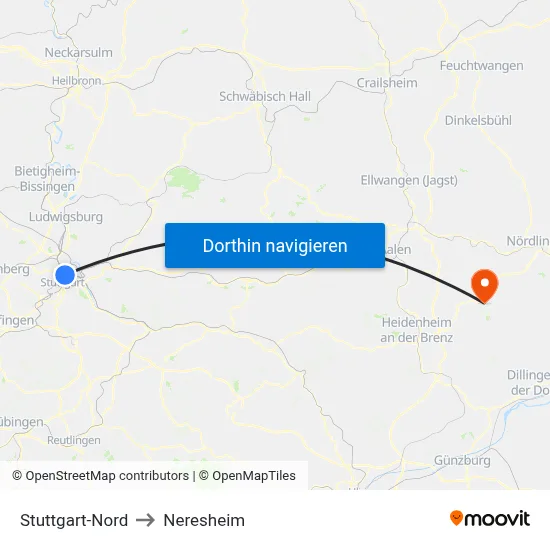 Stuttgart-Nord to Neresheim map