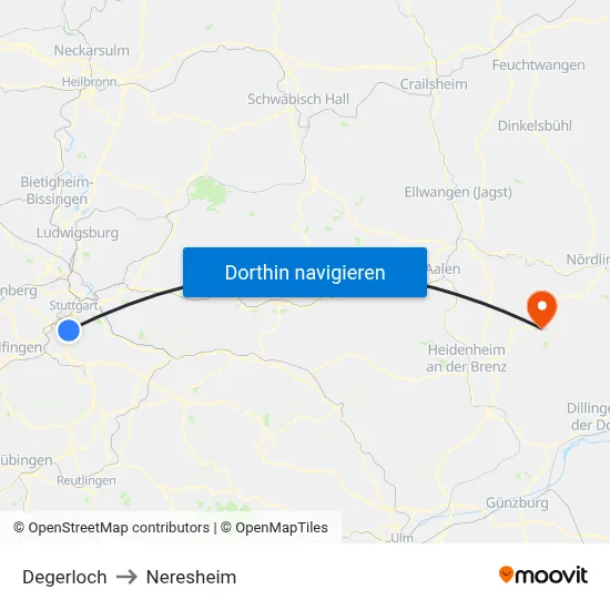 Degerloch to Neresheim map