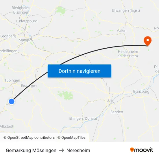 Gemarkung Mössingen to Neresheim map