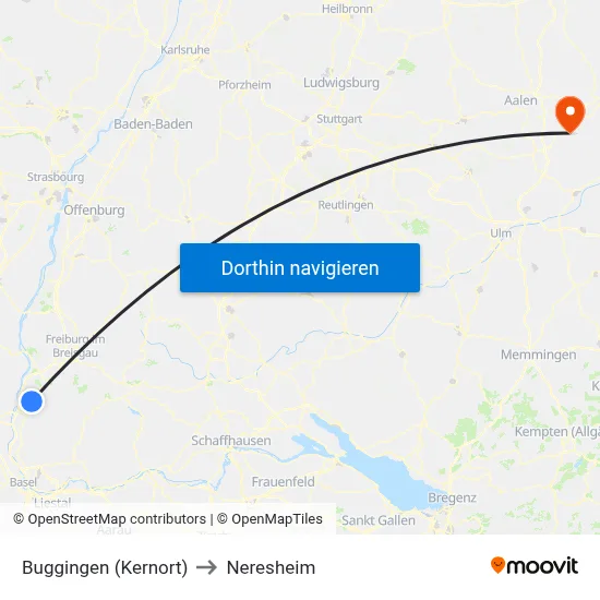 Buggingen (Kernort) to Neresheim map