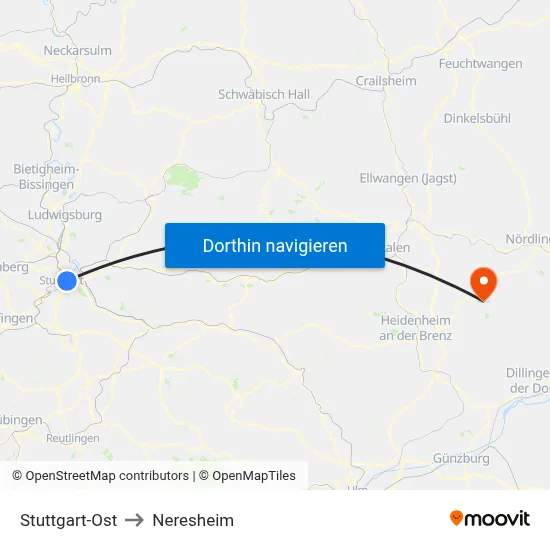Stuttgart-Ost to Neresheim map