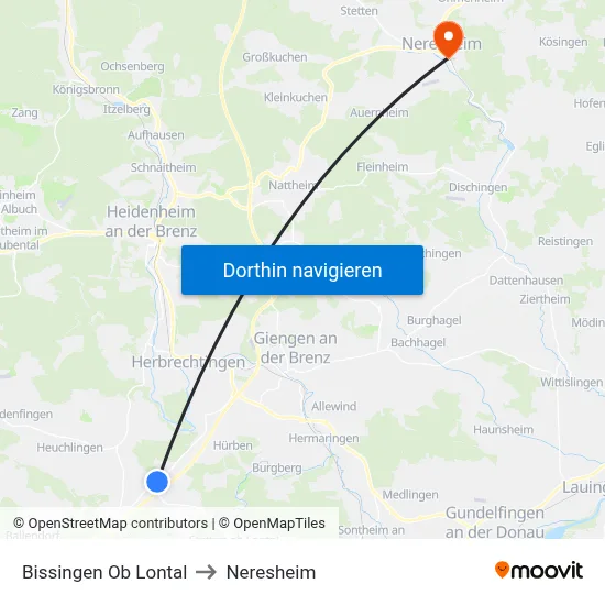 Bissingen Ob Lontal to Neresheim map