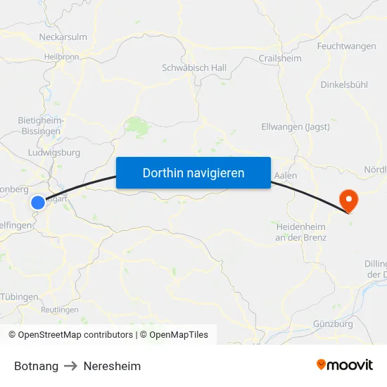 Botnang to Neresheim map