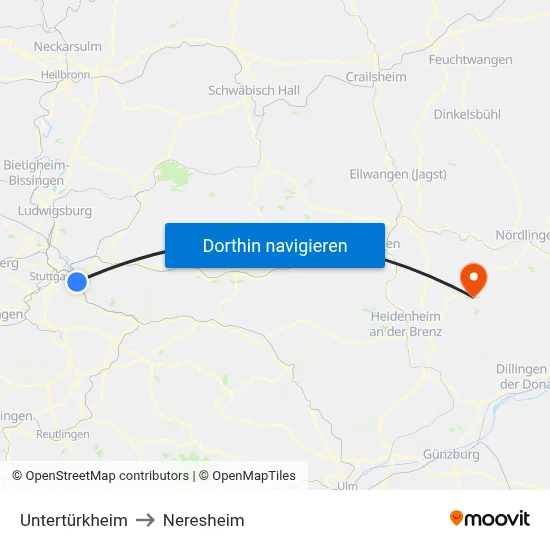 Untertürkheim to Neresheim map