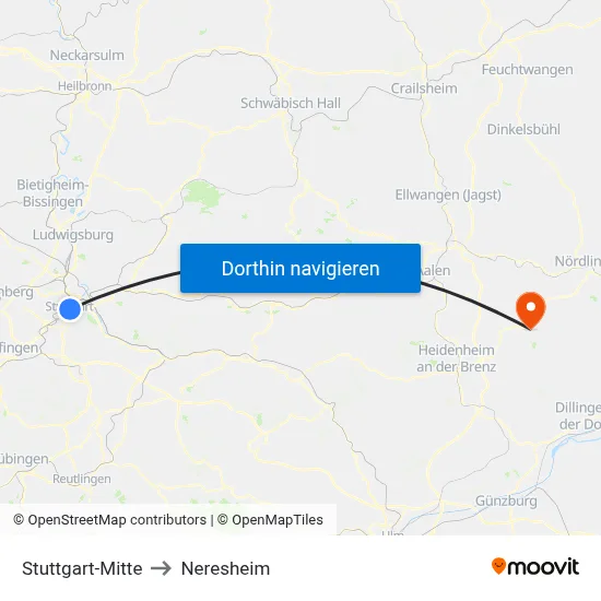 Stuttgart-Mitte to Neresheim map