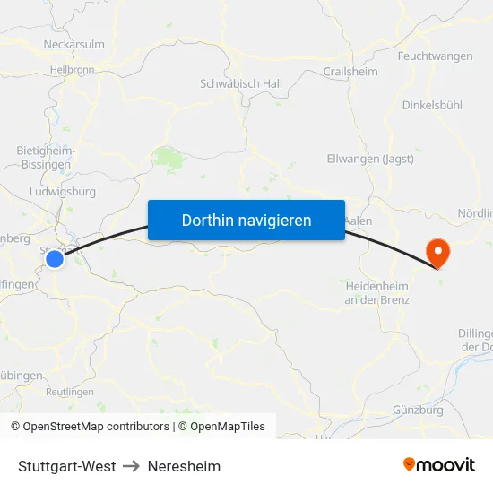 Stuttgart-West to Neresheim map