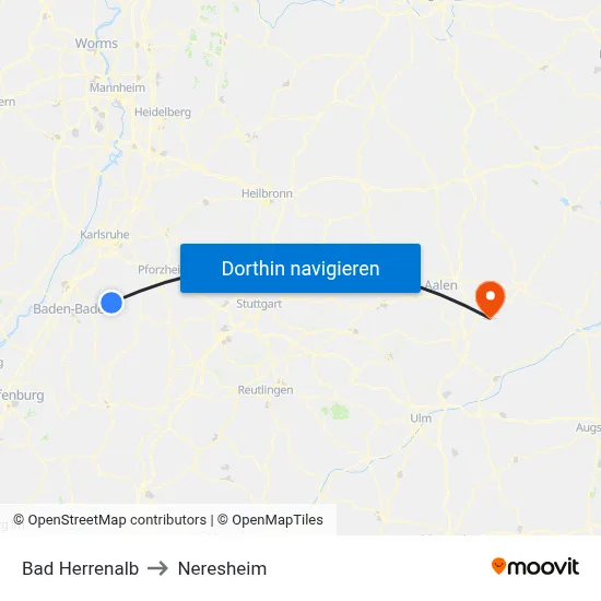 Bad Herrenalb to Neresheim map