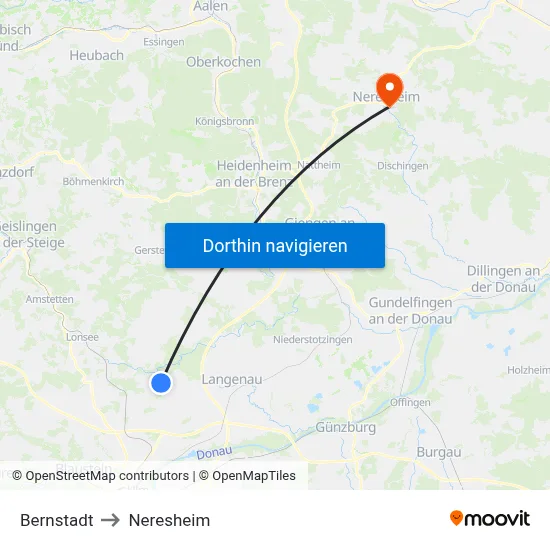 Bernstadt to Neresheim map