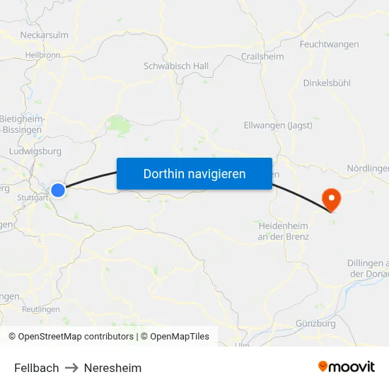 Fellbach to Neresheim map