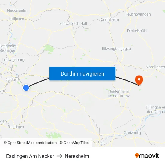Esslingen Am Neckar to Neresheim map