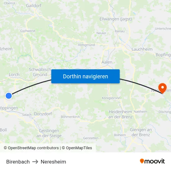 Birenbach to Neresheim map