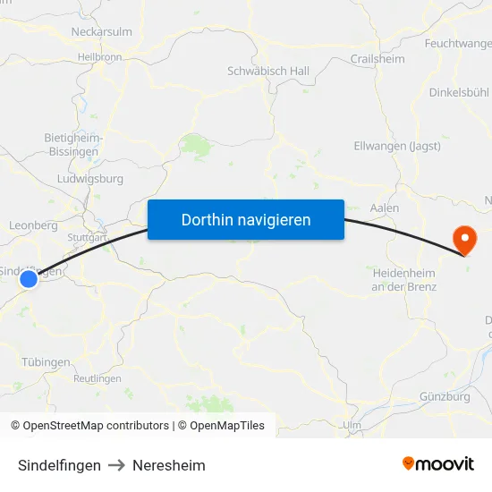 Sindelfingen to Neresheim map