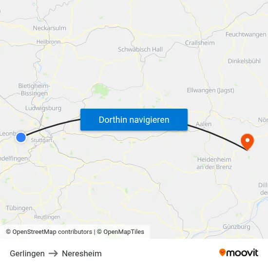 Gerlingen to Neresheim map