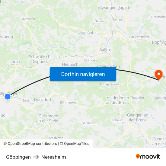Göppingen to Neresheim map