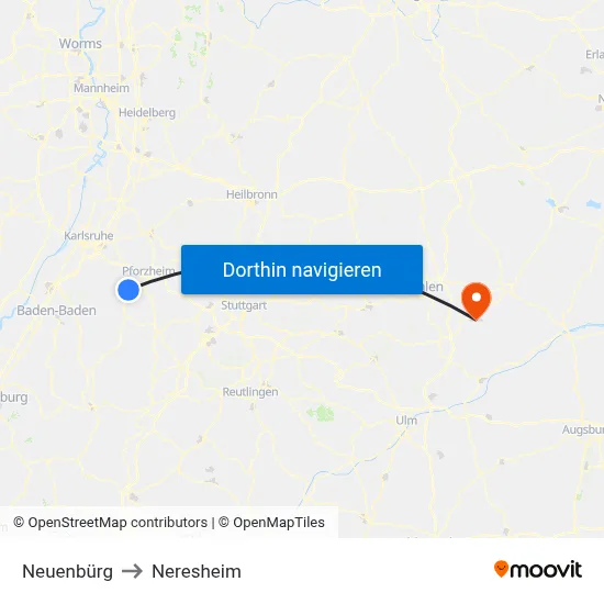 Neuenbürg to Neresheim map