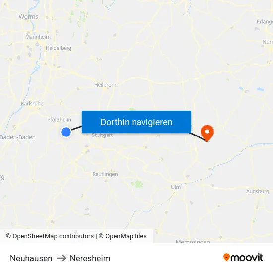 Neuhausen to Neresheim map