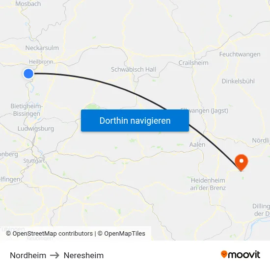 Nordheim to Neresheim map