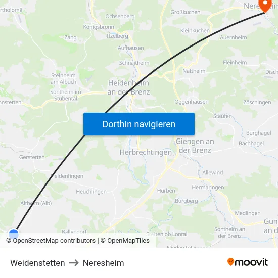 Weidenstetten to Neresheim map